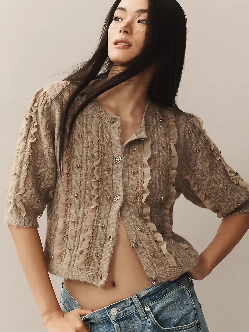 Maeve Short-Sleeve Embellished Ruffled Cardigan Sweater in Taupe Size L